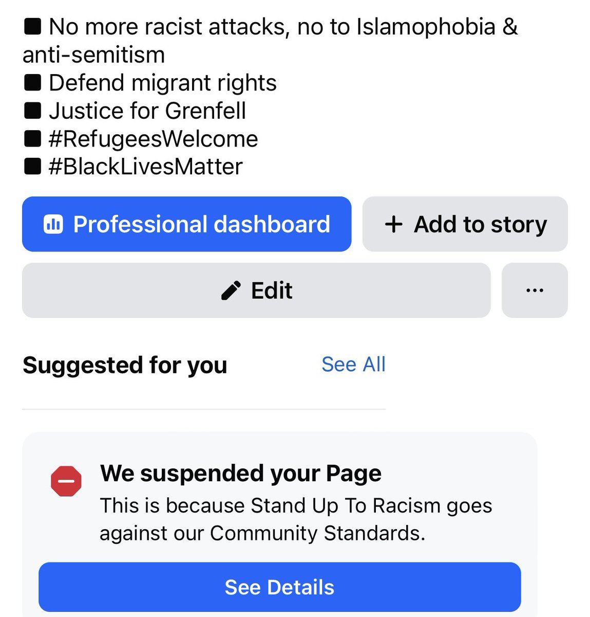 Facebook shut down the Stand up to Racism page after we called out Musk’s Nazi salute at Trump inauguration &amp; urged people to join demo opposing Tommy Robinson supporters on Sat 1st Feb. Looks like algorithm shifted to support the far right #DefendFreeSpeech #UniteAgainstFascism