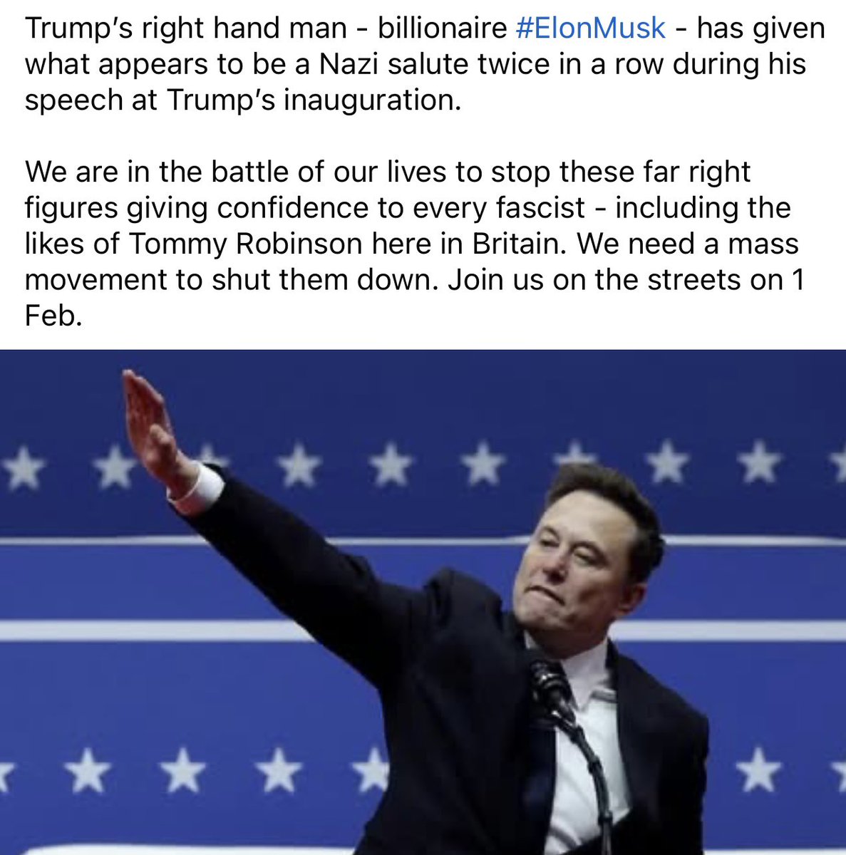 AntiRacismDay's tweet image. Facebook shut down the Stand up to Racism page after we called out Musk’s Nazi salute at Trump inauguration &amp;amp; urged people to join demo opposing Tommy Robinson supporters on Sat 1st Feb. Looks like algorithm shifted to support the far right #DefendFreeSpeech #UniteAgainstFascism