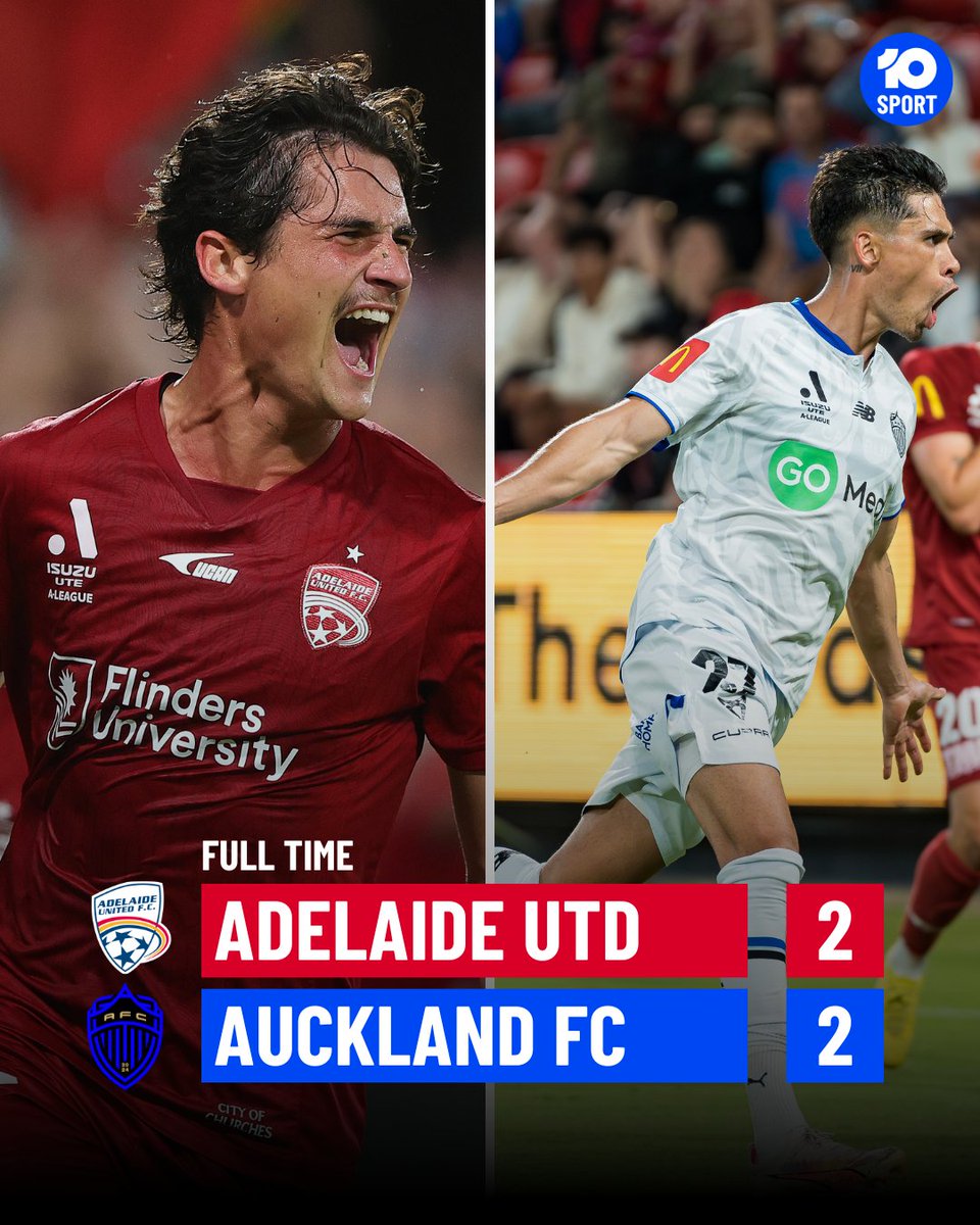 WHAT JUST HAPPENED?! 😱🤯

The blockbuster top-of-the-table clash between Adelaide United and Auckland FC certainly has lived up to the hype, ending in a 2-2 draw with TWO stoppage-time goals.

The match began with a very tight first half with neither side giving much away,