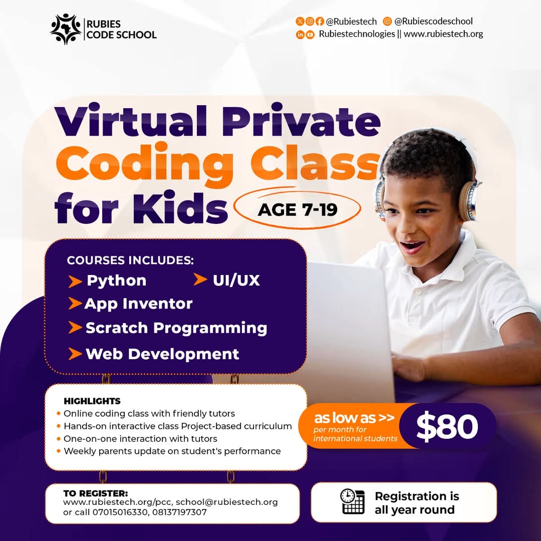 rubiestech's tweet photo. Your kids too can code
Our private coding class is designed for a student and a tutor and it's flexible 

Register at https://t.co/dw5y5TOTDj 
Contact +2347015016330 +2348137197307 

#rubiestech #coding #education #tech #uk #us #nigeria #kids #trump #elon https://t.co/B4bgN1W5jD