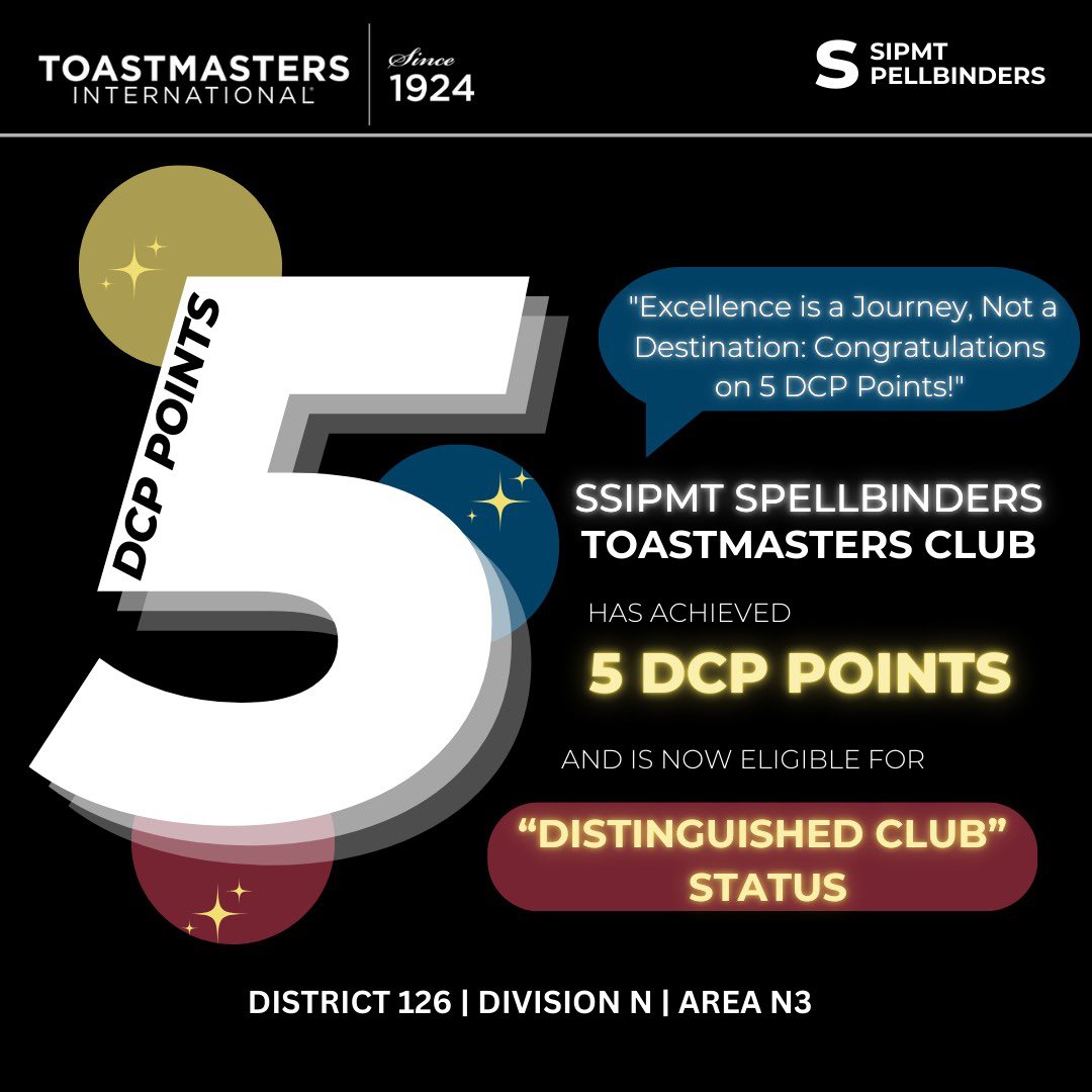 Heartiest Congratulations 🥳 to *SSIPMT SPELLBINDERS*  Club on achieving *✨5 DCP✨* points!

Your hard work, dedication, and passion for excellence have truly paid off. This milestone is a testament to the club's commitment to growth, learning, and supporting one another.