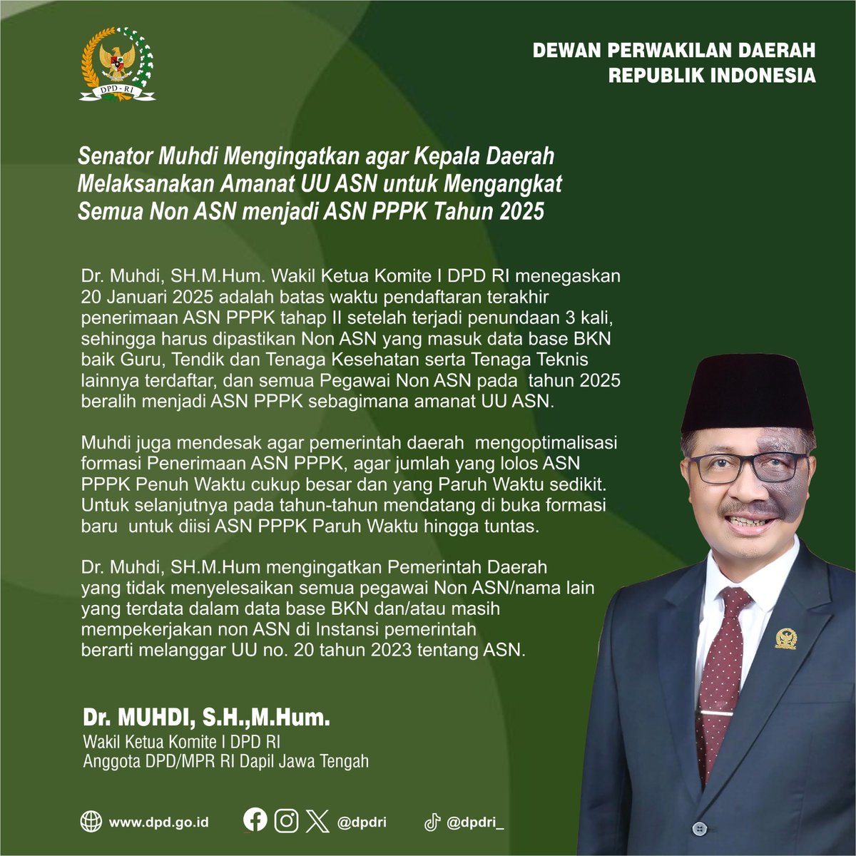 📈 Batas Waktu Semakin Dekat! 📈

Senator Dr. Muhdi, S.H., M.Hum. desak pemerintah daerah segera angkat pegawai Non ASN menjadi ASN PPPK sesuai amanat UU ASN 2025. Jangan tunda lagi, hak mereka harus dipenuhi!

#ASNPPPK2025 #UUASN #PGRIJateng #ASNSejahtera