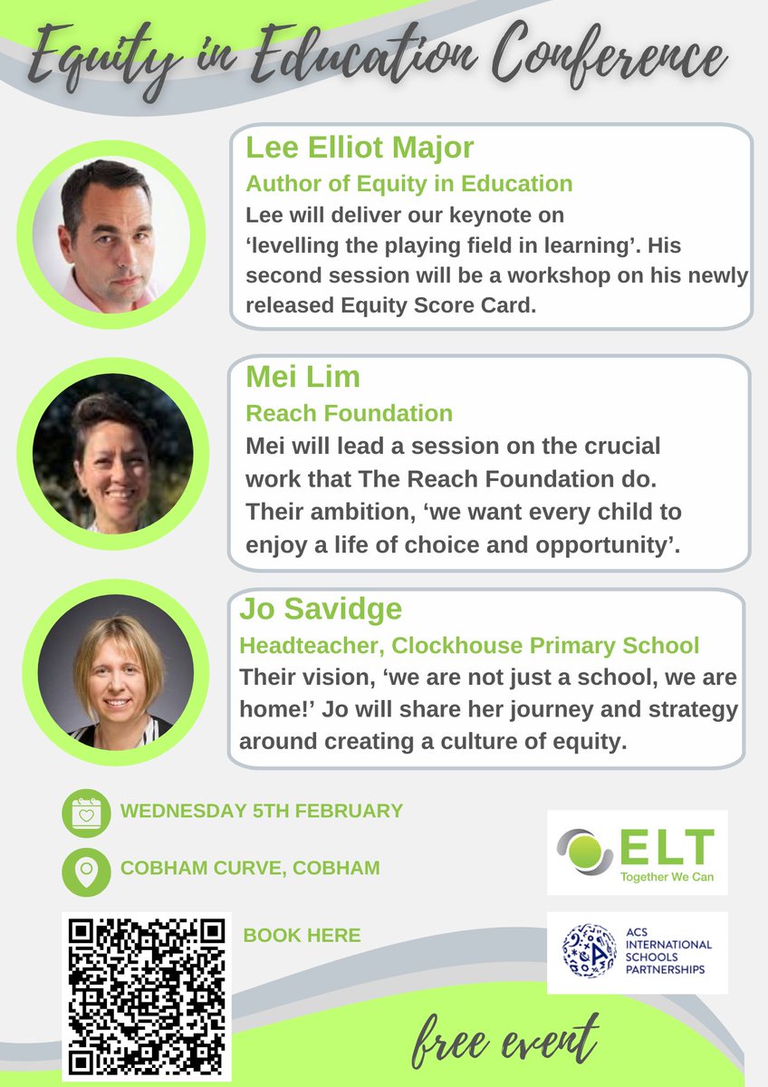 Enlighten Learning Trust (@enlightenlt) on Twitter photo Only 2 weeks to go til our free event, Equity in Education Conference partnered with <a href="/ACSPartnerships/">ACSPartnerships</a> at the <a href="/cobhamcurve/">The Cobham Curve</a> Come
and join the conversation with key speakers <a href="/Lem_Exeter/">Lee Elliot Major</a> LinkedIn.com/in/mei-lim-156β¦ <a href="/JoSavidge/">JoJo</a> Only 2 weeks to go til our free event, Equity in Education Conference partnered with <a href="/ACSPartnerships/">ACSPartnerships</a> at the <a href="/cobhamcurve/">The Cobham Curve</a> Come
and join the conversation with key speakers <a href="/Lem_Exeter/">Lee Elliot Major</a> LinkedIn.com/in/mei-lim-156β¦ <a href="/JoSavidge/">JoJo</a>