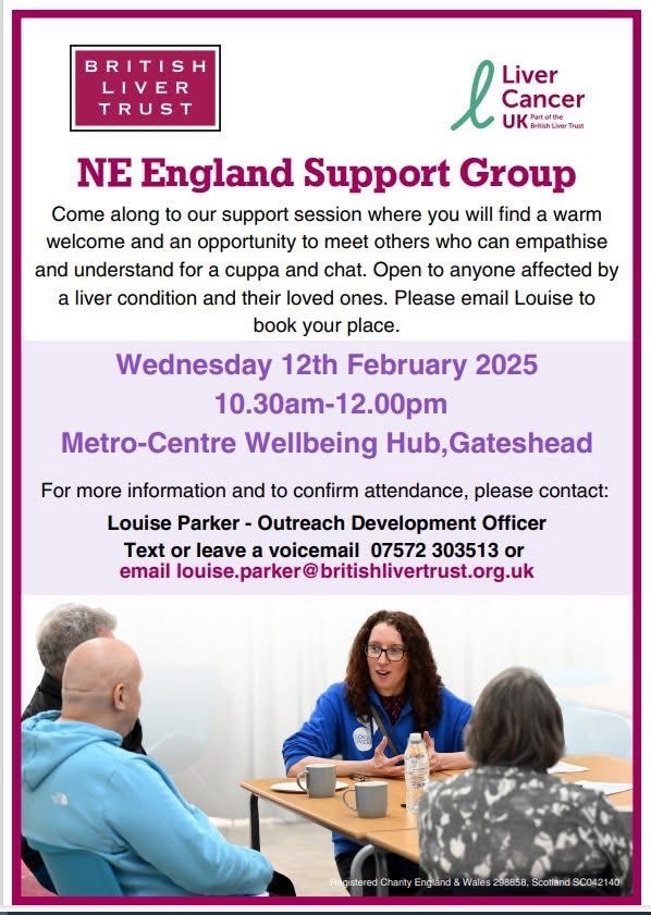 British Liver Trust are hosting a new support group at <a href="/_Metrocentre/">Metrocentre</a>  on Wednesday 12th February 10:30-12:00 for anyone affected by a liver condition including #livercancer