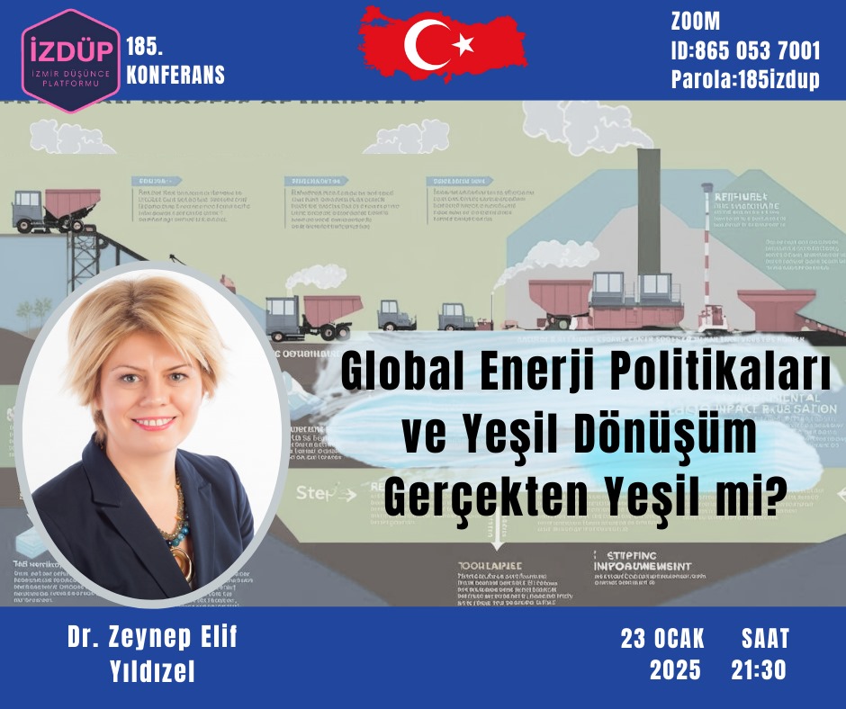 İZMİR Düşünce Platformu 185. Konferansında ODTÜ yarı zamanlı öğretim üyesi, Jeoloji Yüksek Mühendisi-Yazar Dr. Zeynep Elif Yıldızel <a href="/ZeynepYildizel/">Dr. Zeynep Elif Yıldızel</a>
hocamız. Konumuz ise "Global Enerji Politikaları ve Yeşil Dönüşüm aslında Yeşil mi?" Katılımınızdan mutlulukyar duyarlılığınız.