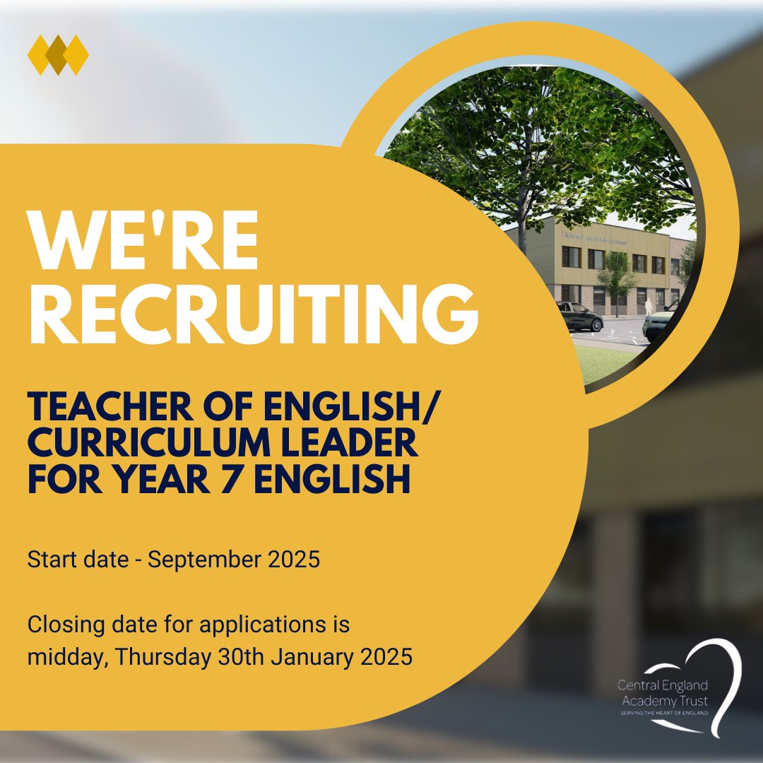 HLNAcademy's tweet photo. We are recruiting!

Teacher of English / Curriculum Leader for Year 7 English

https://t.co/Kvl5alqhLK

#SecondaryJobs #Education #TESjobs #JobsinEducation #RecruitmentinEducation #SchoolJobs #NuneatonJobs https://t.co/wFCAGFhFij
