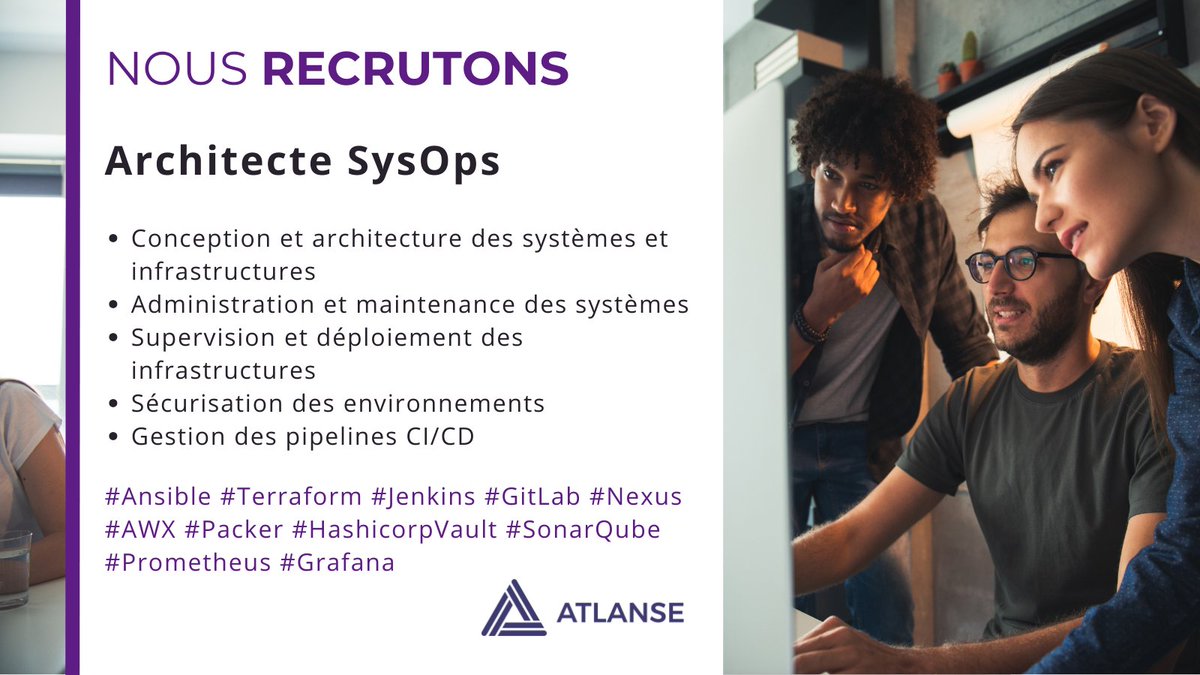 #Job : <a href="/Atlanse_/">ATLANSE</a>  recrute Architecte #SysOps
⚙️ Compétences : #Ansible, #Jenkins, #GitLab, #Nexus, #AWX, #Packer, #HashicorpVault, #SonarQube
🎓 Expérience : 8 ans minimum dans un poste similaire
Envoyez votre CV à ida.zocli@atlanse.com