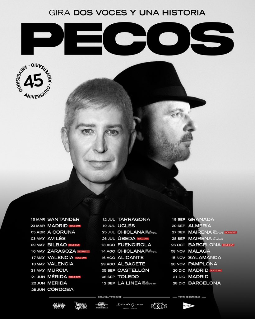PECOS celebra 45 años de su debut con la gira 💫💫DOS VOCES Y UNA HISTORIA💫💫
El grupo recorrerá los escenarios icónicos del país para volver a cantar grandes éxitos!!!👏🏻👏🏻

🎫 ciudades confirmadas y entradas disponibles en la web (link en bio)