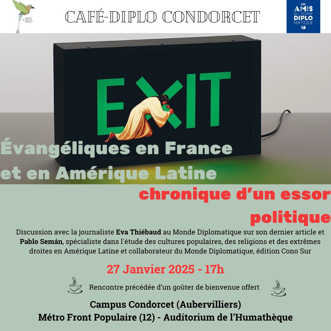 Eva Thiébaud (@thiebaudeva) on Twitter photo A celles et ceux qui sont curieuses et curieux de mon travail sur les évangéliques en France.
J'interviendrai aux côtés de Pablo Semán à Aubervilliers le lundi 27 lors d'une rencontre organisée par l'association Aves de Paso et <a href="/amisdiplo/">Les Amis du Diplo</a> . Au plaisir de vous y voir ! A celles et ceux qui sont curieuses et curieux de mon travail sur les évangéliques en France.
J'interviendrai aux côtés de Pablo Semán à Aubervilliers le lundi 27 lors d'une rencontre organisée par l'association Aves de Paso et <a href="/amisdiplo/">Les Amis du Diplo</a> . Au plaisir de vous y voir !