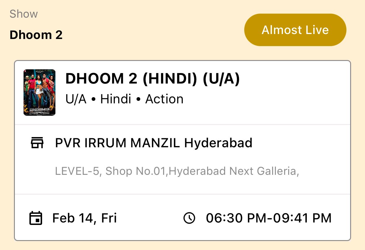 tfi_cinephile's tweet image. Hi Guys, I’m hosting the screening of Dhoom 2 on this Valentine’s Day. Grab your tickets now!

Check out ScreenIT show of DHOOM 2 (HINDI) (U/A) at PVR IRRUM MANZIL Hyderabad on 14-Feb-06:30 PM. Book your seats today!

pvrinox.com/1wp9RGn

#PVRINOX #ScreenIT #ReRelease