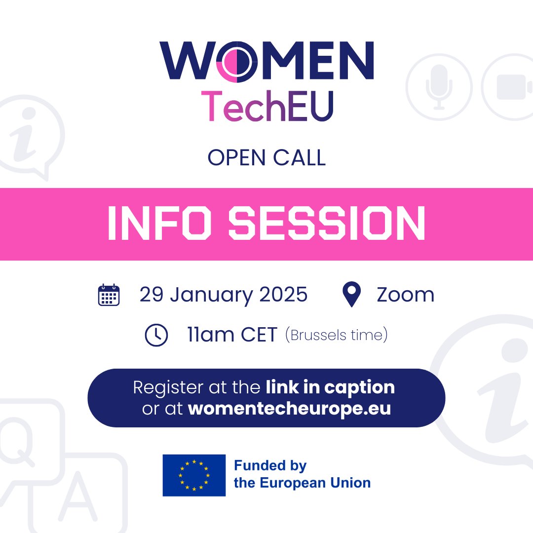 🌟 InfoDay Next Week 🌟

Next week is our Women TechEU Open Call InfoDay! Don’t miss it.

📆 Date: 29 January 2025
⏰ Time: 11.00 CET (Brussels Time)
➡️ Platform: Zoom

Secure your spot now: womentecheurope.eu/register-to-wo…

Website: womentecheurope.eu

#WomenTechEU  #deeptech
