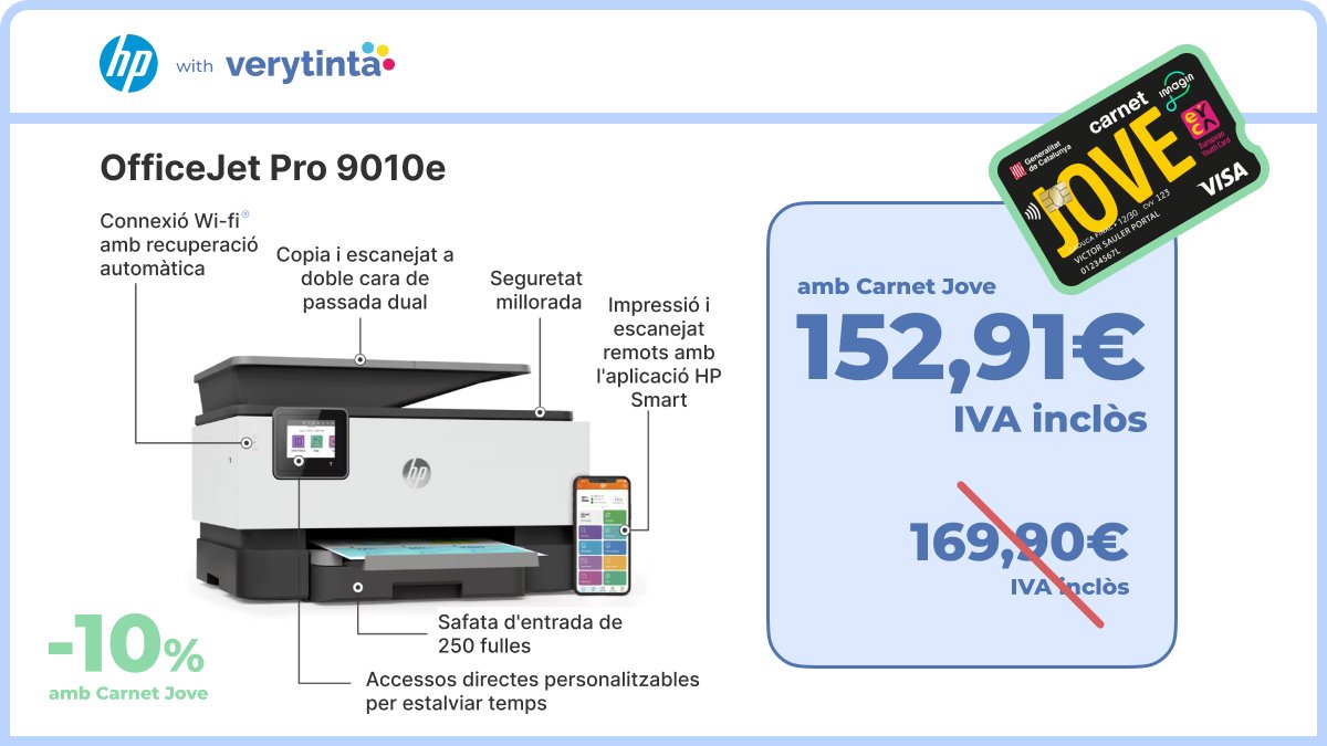 Verytinta's tweet photo. 📢A Verytinta tenim la impressora OfficeJet Pro 9010e a un preu increïble! 
Amb el teu @carnetjove_cat , pots aconseguir-la per només 152,91€

Productivitat total amb totes les funcions🖨️✨

#CarnetJove #Verytinta #Descomptes #Ofertes #Impressora https://t.co/p9xXF2kNMA
