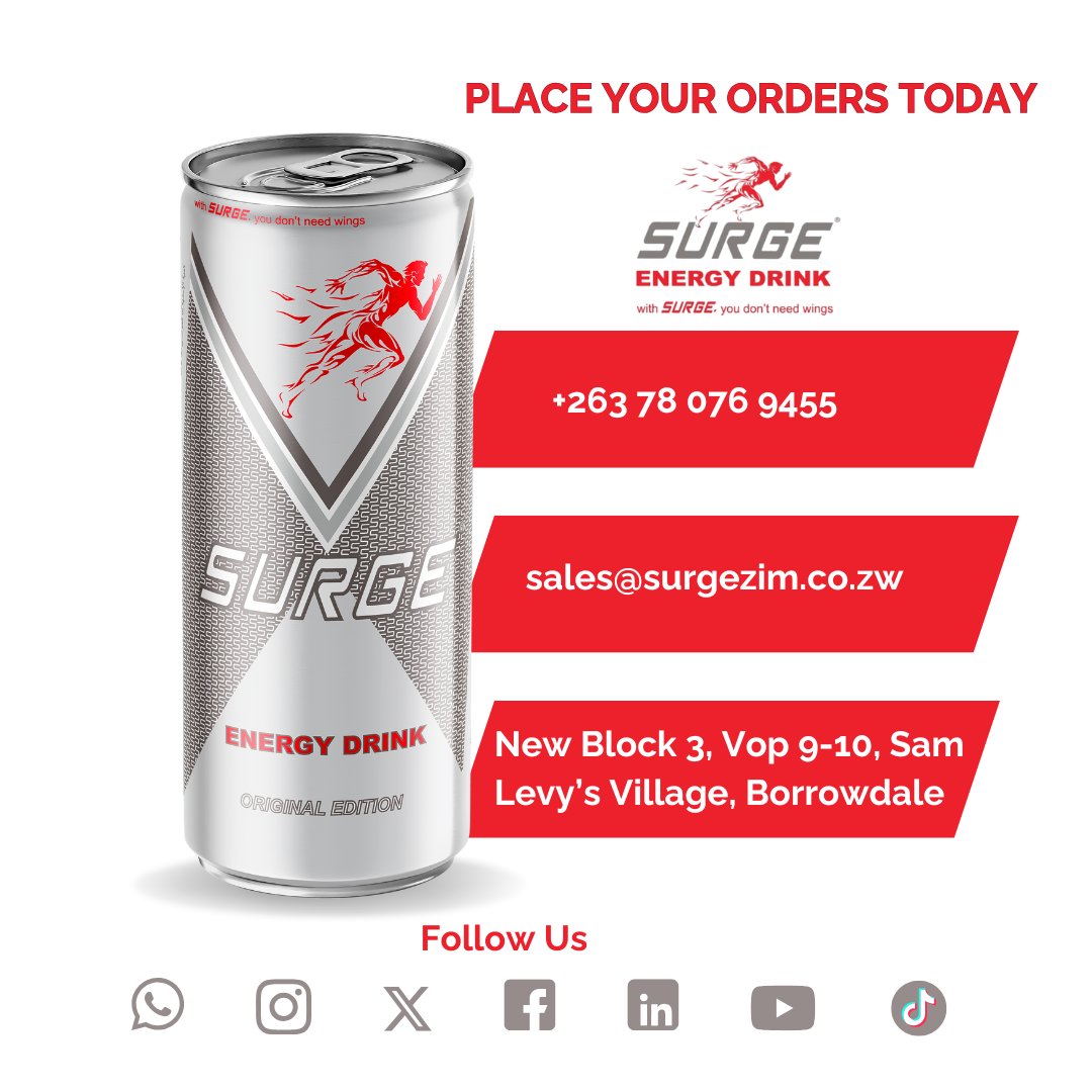 Fuel your day with Surge Energy Drink! 💥 Order now and experience the ultimate energy boost. 🚀 Visit us at Sam Levy's Village or contact us at 📞 +263 78 076 9455 | ✉️ sales@surgezim.co.zw. With SURGE, you don’t need wings! 🏃‍♂️💨 #SurgeEnergyDrink
