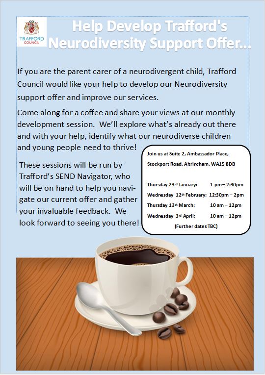 Trafford School Nurses (@traffschnurses) on Twitter photo Calling parents or carers of neurodivergent children, call in to a coffee morning if you want to help shape local services <a href="/TraffordLCO/">Trafford Local Care Organisation</a> <a href="/mcrlco/">Manchester Local Care Organisation</a> <a href="/CCHSmcrtrafford/">Children's Community Health Services</a> <a href="/TraffordSENDIAS/">Trafford SENDIASS</a> Calling parents or carers of neurodivergent children, call in to a coffee morning if you want to help shape local services <a href="/TraffordLCO/">Trafford Local Care Organisation</a> <a href="/mcrlco/">Manchester Local Care Organisation</a> <a href="/CCHSmcrtrafford/">Children's Community Health Services</a> <a href="/TraffordSENDIAS/">Trafford SENDIASS</a>