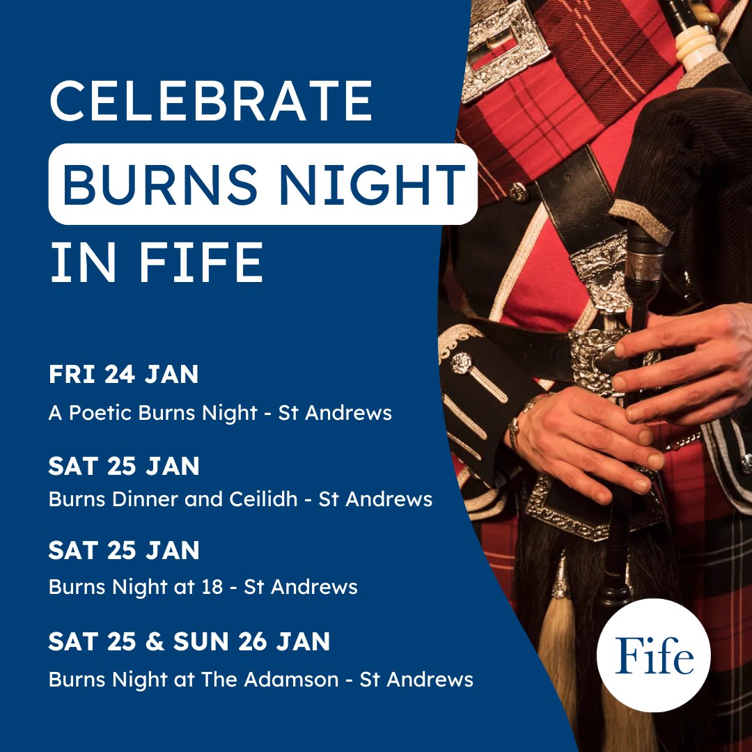 Check out these four fantastic Burns Night events in #StAndrews! 🏴󠁧󠁢󠁳󠁣󠁴󠁿

Visit  welcometofife.com/events to book your tickets 🎟️

#BurnsNight #RobertBurns #LoveFife #WelcomeToFife