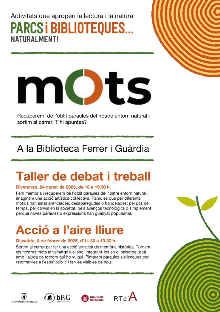 🅰️ La <a href="/biblioalella/">Biblioteca Ferrer i Guàrdia</a> s'ha afegit al projecte Mots, una iniciativa emmarcada dins del programa Parc i biblioteques...naturalment, que combina la memòria històrica, l'art i la natura. #Alella #Maresme

📍 S'han programat dues activitats.

ℹ️ Més informació: alella.cat/23612