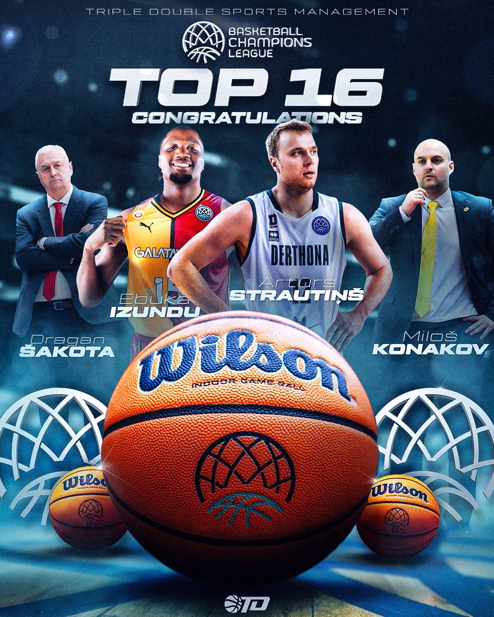 Congratulations to our Ebuka Izundu  <a href="/GSBasketbol/">Galatasaray MCT Technic</a> Arturs Strautins <a href="/ArtursStrautins/">Arturs Strautins 🇱🇻</a> <a href="/DerthonaBasket/">Derthona Basket</a> and Coaches Dragan Sakota <a href="/aekbcgr/">AEK BC</a> and Milos Konakov <a href="/falco_kc/">Falco-Vulcano Energia KC Szombathely</a> on advancing to the TOP 16 of the Basketball Champions League <a href="/BasketballCL/">Basketball Champions League</a>