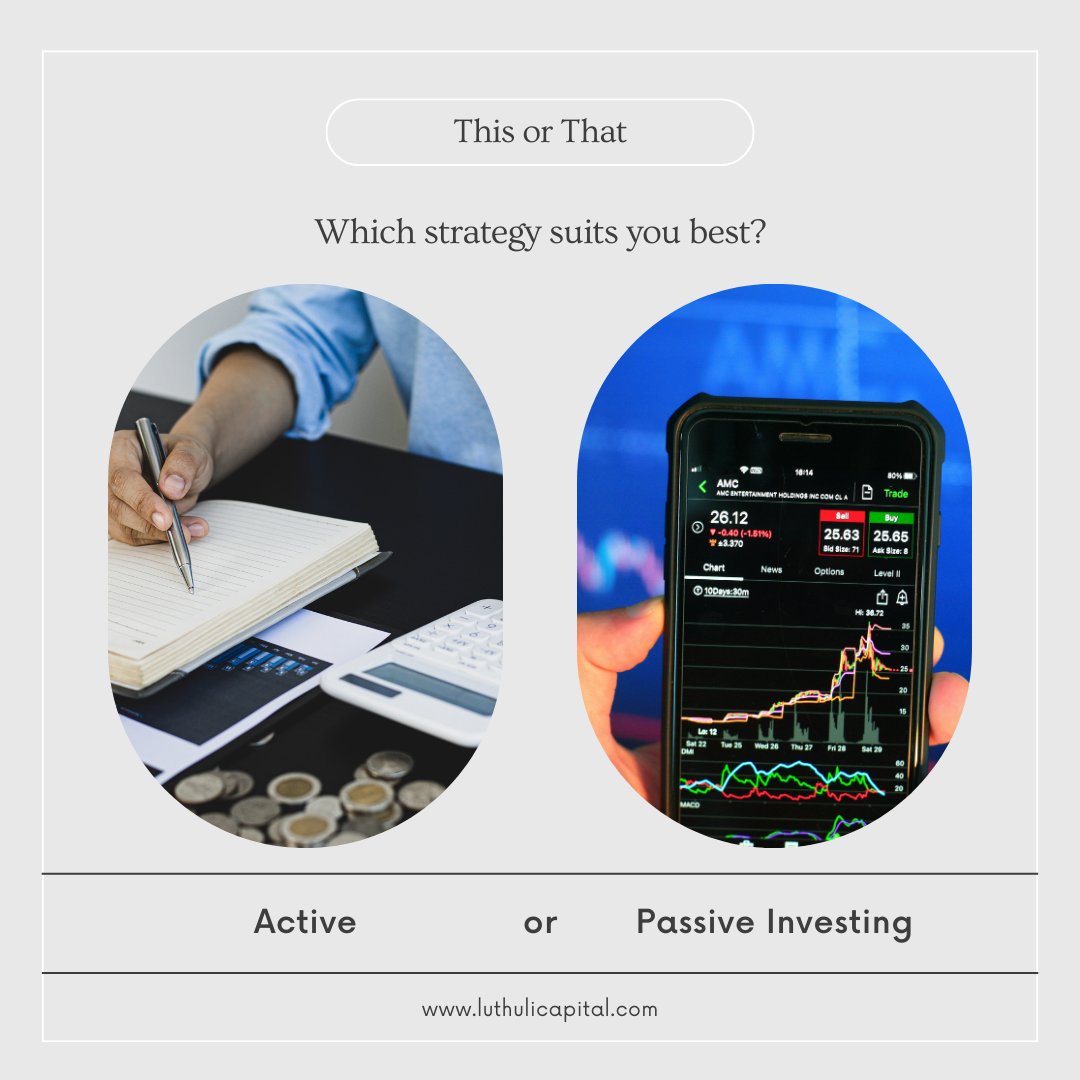 LuthuliCapital's tweet photo. Did you know?

- Active investing aims to beat the market but often comes with higher fees.
- Passive investing tracks the market, offering broad diversification &amp; lower costs.

Contact us to determine the best strategy for your portfolio: https://t.co/n6QtA8Z63I https://t.co/SaX9DQ2NSt