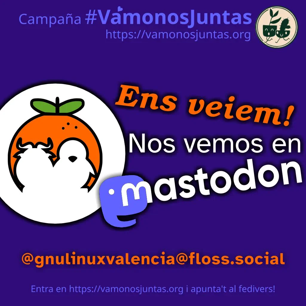 Cartel con un gran slogan, "Ens veiem! Nos vemos en Mastodon", i el logo de la Asociación de Usuarios de GNU/Linux de València. También se anuncia que es parte de la campana #VámonosJuntas (https://vamonosjuntas.org), y se anuncia el usuario @gnulinuxvalencia@floss.social de Mastodon para que se pueda seguir. 