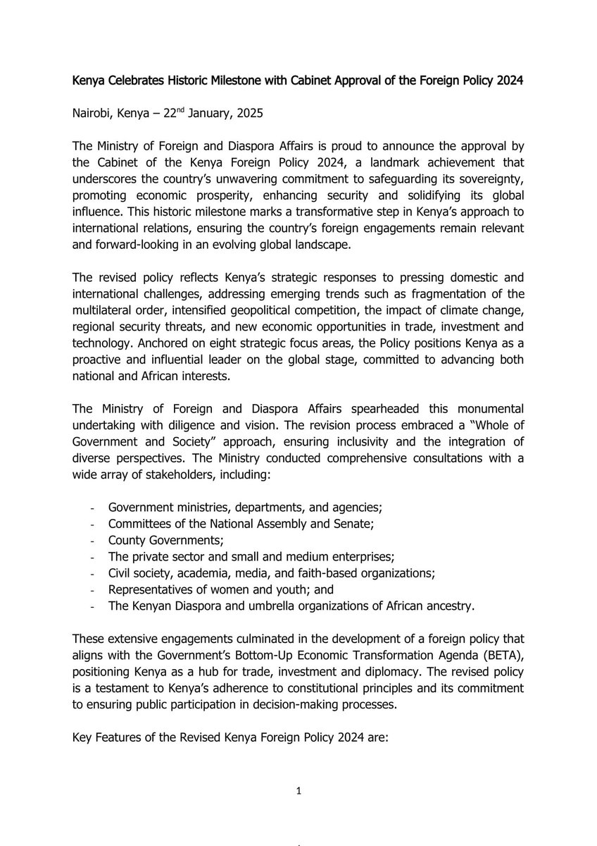 ForeignOfficeKE's tweet photo. Kenya Celebrates Historic Milestone with Cabinet Approval of the Foreign Policy 2024. https://t.co/WTqmJ2S3OW