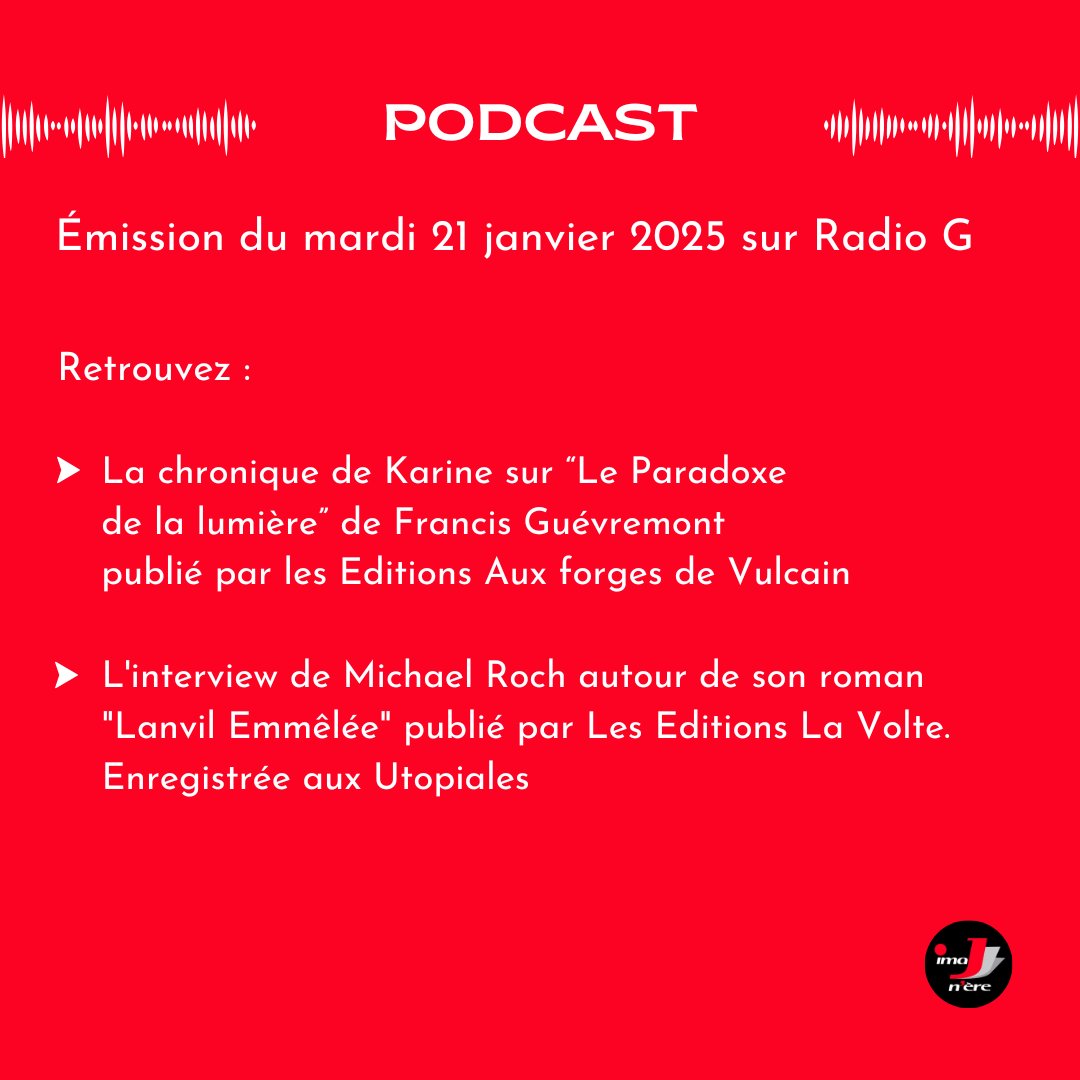 [PODCAST]  

Le podcast de l'émission du mardi 21/01 sur Radio G est disponible ⤵️ 
radio-g.fr/?16526

Retrouvez, une chronique et une interview de <a href="/MchlRoch/">Michael Roch</a> 😍

#imajnere #podcast #emission #radiog #chronique #sciencefiction #interview #imaginaire #angers #CultureAngers