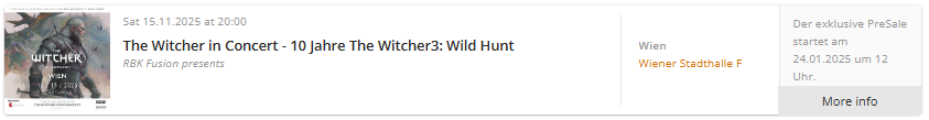 Sarg3r's tweet photo. @witchergame Weird, pre-sale for Wien concert start on 24.01.2025 at 12:00 pm CET, so it's just normal sale without any benefit... shame. https://t.co/DfoBPSg8D5