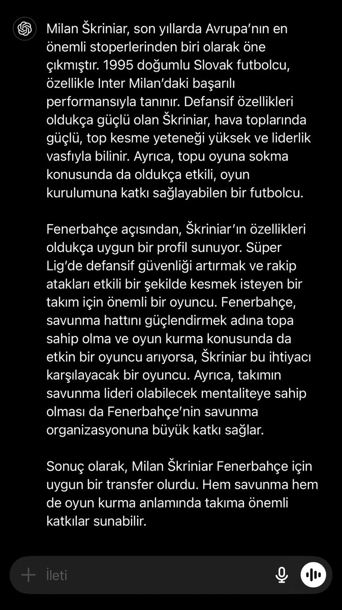 GptHaber's tweet photo. ChatGPT Yorumladı: Fenerbahçe’nin yeni transferi Milan Skriniar nasıl bir futbolcu ve sarı lacivertli takıma fayda sağlar mı ? 

#skriniar https://t.co/7ctTOQcXoa