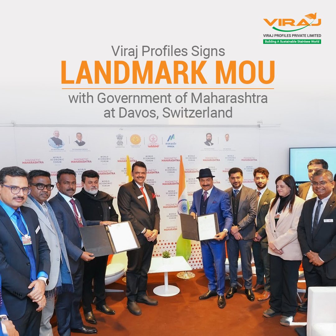 virajprofiles's tweet photo. #VirajProfiles commits ₹12,000 crore investment in #Maharashtra through MoU signing by Chairman Shri Neeraj Raja Kochhar with Hon'ble CM Shri @Dev_Fadnavis for an integrated stainless steel plant in Palghar, set to create 3500 jobs in tribal areas.

#investment #mou #davos2025 https://t.co/Q6jCmMZKMQ