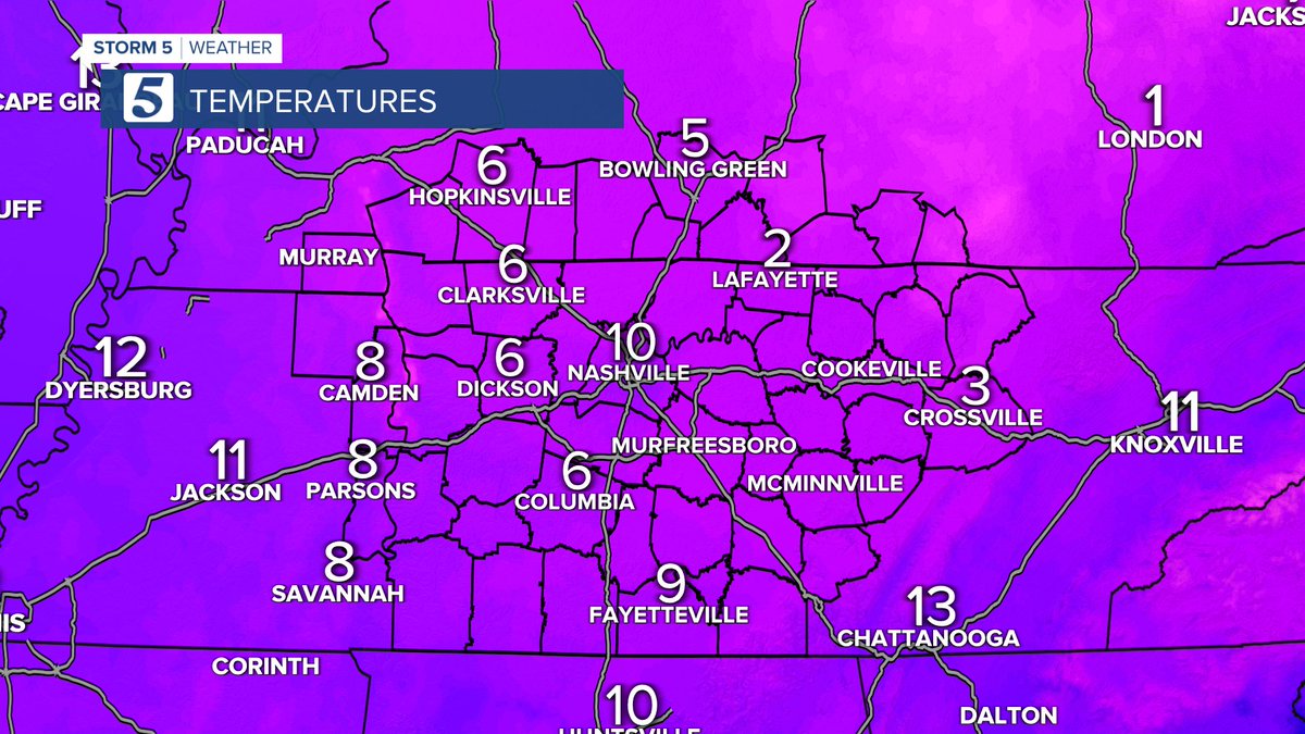 NC5_LelanStatom's tweet photo. Single digit temperatures for most of you to start this #HumpDay! Here are the 5am temps. A Cold Weather Advisory remains in effect until 9am. #NC5 #tnwx #kywx #Storm5Weather #CrazyCold https://t.co/AIVcwQ0uS4