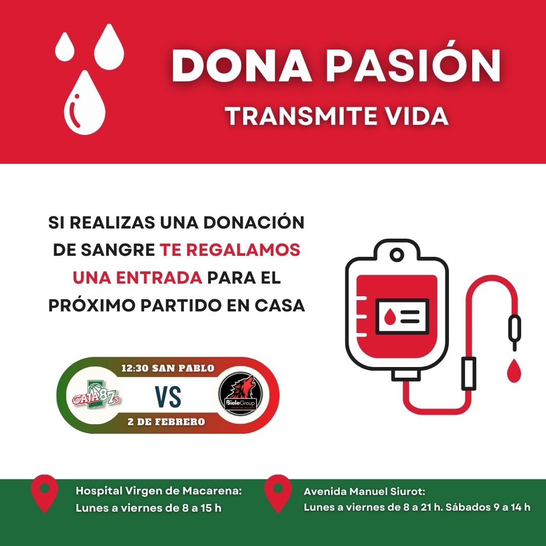 🩸❤ Haz tu donación, salva vidas... ¡y siente el baloncesto en tus venas! 🏀✨

En colaboración con el Centro de Transfusión, Tejidos y Células de Sevilla, te animamos a salvar vidas:
Dona sangre y te regalamos una entrada para el próximo partido en casa. <a href="/donantessevilla/">CTS Sevilla</a>