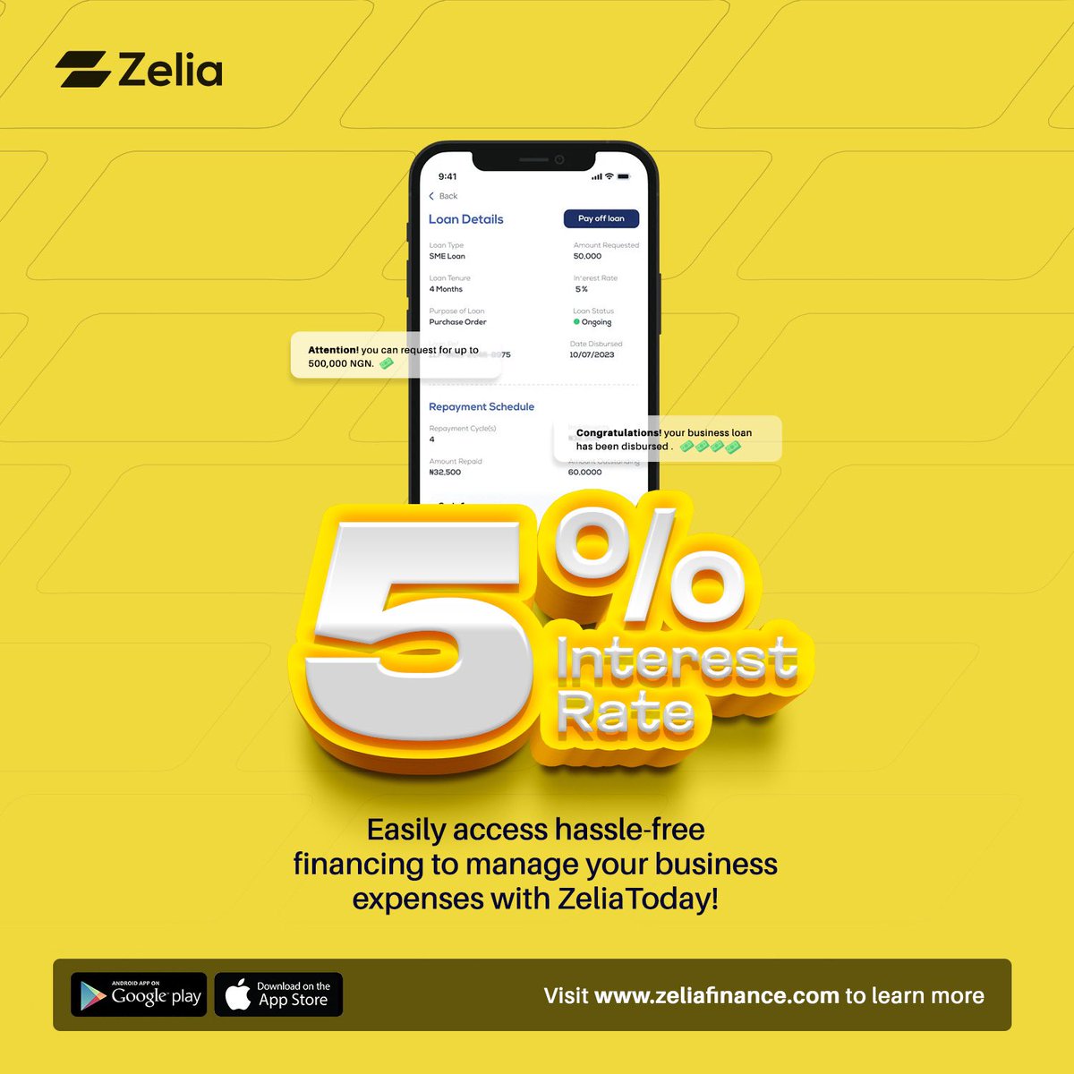 BankWithZelia's tweet photo. Achieve more with Zelia's unbeatable 5% interest rate! Access stress-free financing to grow your business today. 

Download the app now or visit https://t.co/ZZHN7usaGk to learn more. 🚀💼 https://t.co/otP1sXfTnw