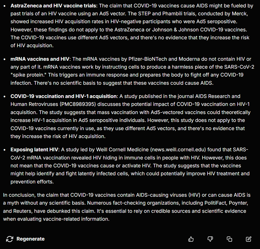 vexoolabs's tweet photo. Debunking myths: COVID-19 vaccines are safe and DO NOT contain AIDS-causing viruses. 

Vexoo ensures you get facts, not fear. 

Let’s keep misinformation in check with https://t.co/zcxbE9qtRC

#LLMs  #AI #Factcheckers https://t.co/27yTZDElvH