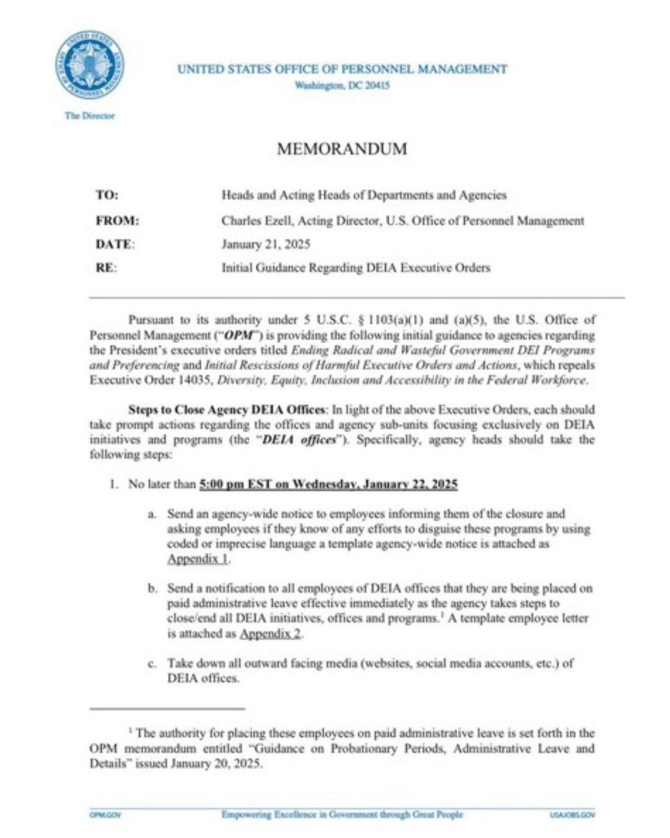 Sad Days:

Trump administration has ordered every government agency to shut down their DEI offices today.