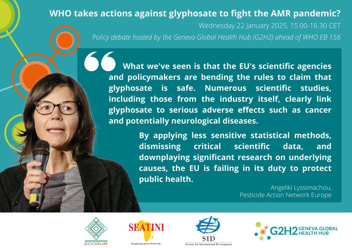EuropePAN's tweet photo. 📣 Today we will discuss the effects of #glyphosate on health & the environment ahead of the @WHO #EB156. We must protect our health against the dangers of glyphosate and against the spread of antibiotic-resistant bacteria. #STOPGlyphosate
https://t.co/5fcKQseWfR https://t.co/Fv1dw4TEzN