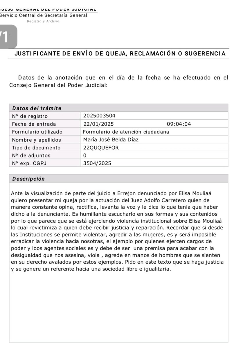 MariaJBelda's tweet photo. Acabo de presentar mi queja por el mal trato del Juez #AdolfoCarretero a #ElisaMouliaá dirigida al Juzgado de instrucción N 47 de Madrid , a través de este enlace 👇 https://t.co/7a9XBjFrRT https://t.co/CjdMAZgI7I