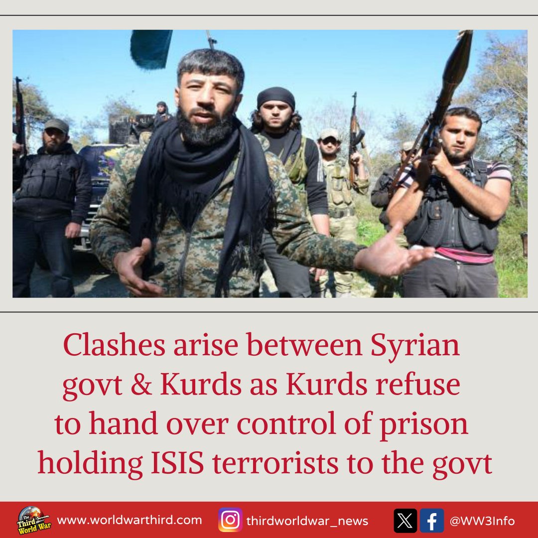 WW3Info's tweet image. #WorldWar3: Dispute arises as #SyrianKurds refuse handing over control of prison holding about 4,500 #ISISterrorists to #SyrianGovt. Kurds accuse #Turkey of backing ISIS, who twice attempted to free prisoners. Kurds&apos; refusal comes as new Syrian Govt has Turkey-linked terrorists.