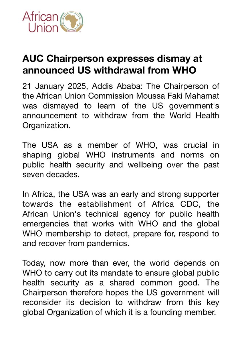 AUC Chairperson <a href="/AUC_MoussaFaki/">Moussa Faki Mahamat</a> expresses dismay at announced US withdrawal from WHO
 
 au.int/en/pressreleas…