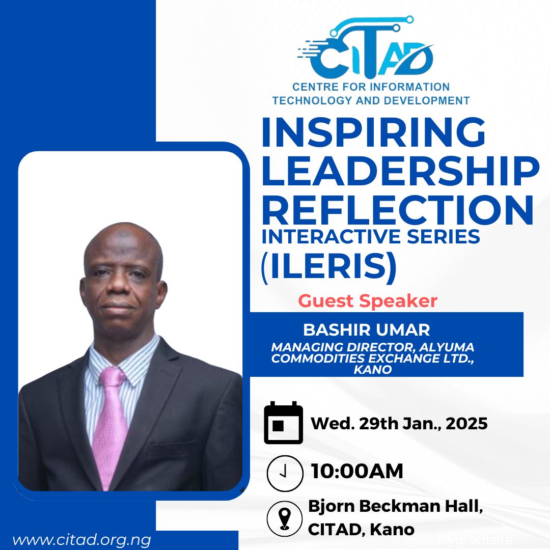 CITAD (@ictadvocates) on Twitter photo We are happy to introduce our speaker for this month's Inspiring Leadership Reflection Interactive Series (ILERIS), he is Bashir Umar, Managing Director of Alyuma Comodities Exchange Ltd, Kano. Join us on Wed., Jan 29, 2025 for this exciting session <a href="/YZYau/">Yunusa Ya'u</a> <a href="/Zainab_SUM/">Zainab Usman Salihu</a> <a href="/IsahAzare2/">Isah Azare</a> We are happy to introduce our speaker for this month's Inspiring Leadership Reflection Interactive Series (ILERIS), he is Bashir Umar, Managing Director of Alyuma Comodities Exchange Ltd, Kano. Join us on Wed., Jan 29, 2025 for this exciting session <a href="/YZYau/">Yunusa Ya'u</a> <a href="/Zainab_SUM/">Zainab Usman Salihu</a> <a href="/IsahAzare2/">Isah Azare</a>