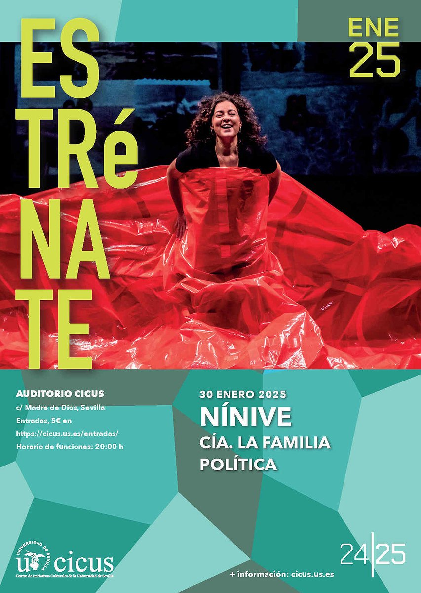 CICUS_'s tweet image. 🎭 En la primera sesión de #Estrénate 2025, @familiapolitika presenta «Nínive», pieza que pone en escena un texto de Guadalupe Sáez galardonado con el Premio Jesús Domínguez de textos teatrales.
🗓️ Jueves 30 ENE, 20h #CICUS @unisevilla
ℹ️ cicus.us.es/estrenate2025_…