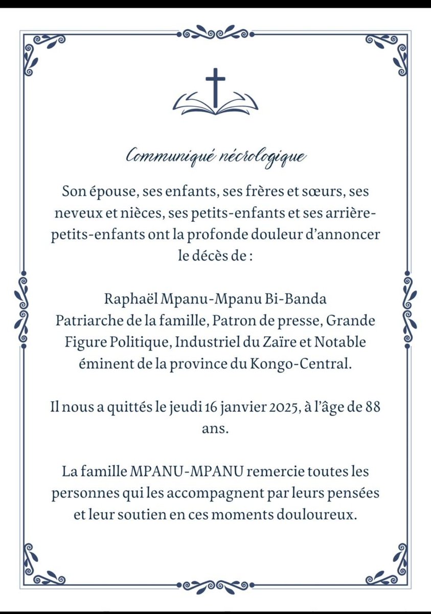 Enjeuxafricains's tweet photo. #RDC : La famille a publié le programme des obsèques du patriarche Raphaël #Mpanu_Mpanu #Bibanda décédé jeudi 16/1 à l'âge de 88 ans. L'homme qui se définissait lui-même comme un journaliste de profession a formé beaucoup de rédacteurs. Il a surtout été un grand patron de presse. https://t.co/Pk0HeJxwXo