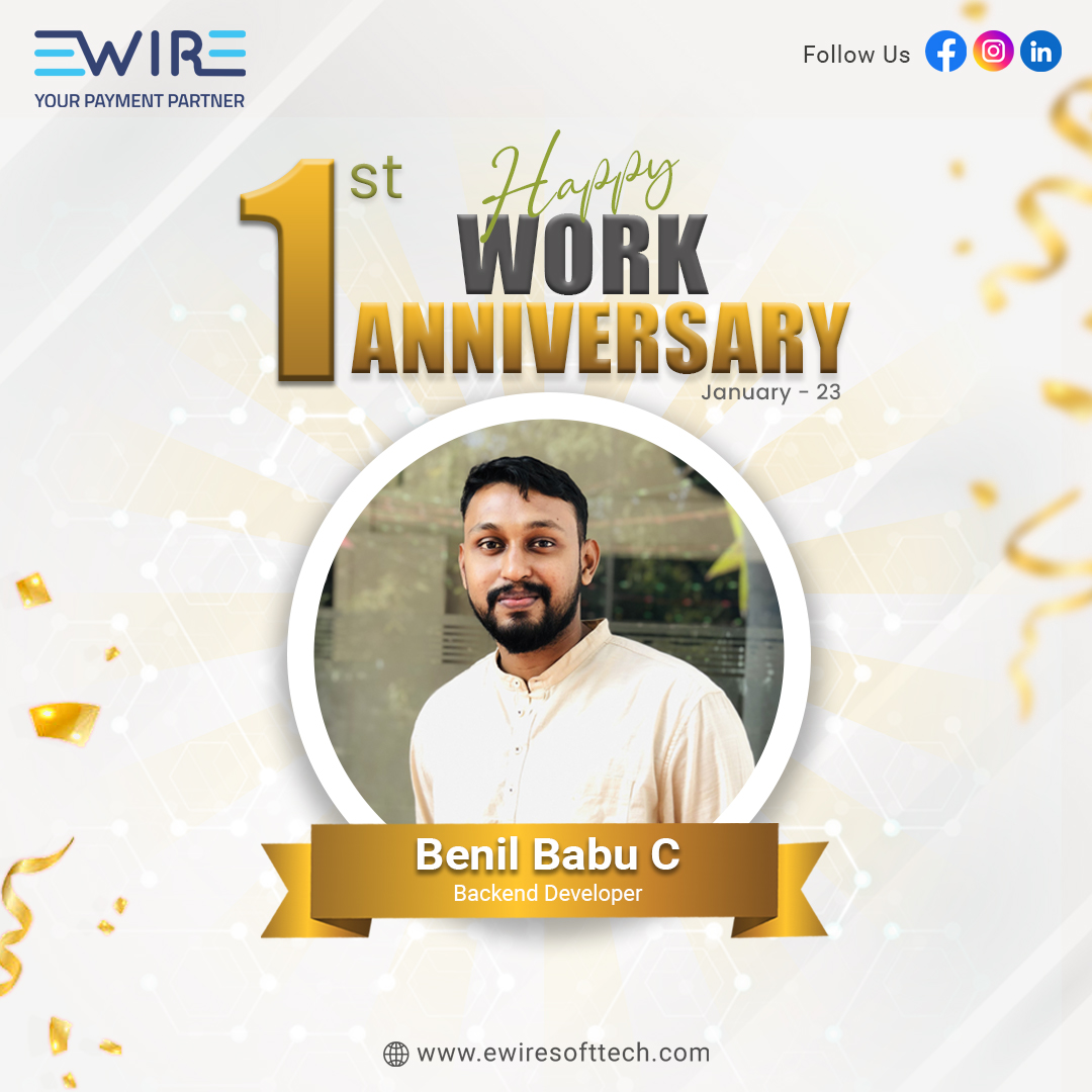 ewire_softtech's tweet photo. One year down, and many more to go! Thank you for all your contributions this past year. 🎉 🎈 🎊Here's to your continued success and growth! Happy Work Anniversary Benil Babu ✨😄🥳🤩 🌼 🌹

https://t.co/r1FJTYGM6u
#workanniversary #employeeappreciation #yearsofexperience #ewire https://t.co/5gm0BPF3hr