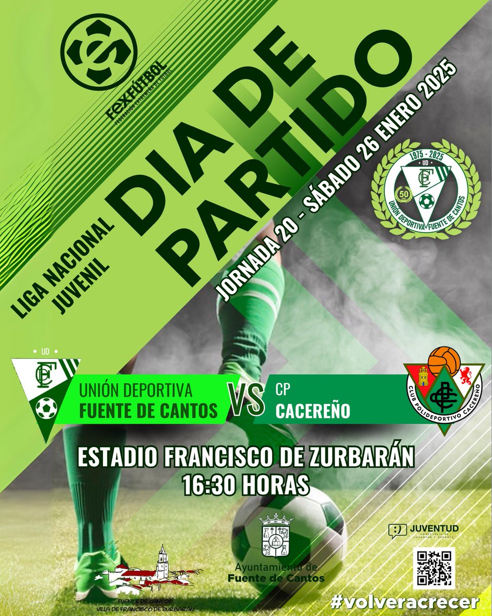 #JUVENILES

💚 Próximo partido de los juveniles en casa, en una nueva jornada de #LIGANACIONAL.

A por todas chicos!

⚔️ Liga Nacional Jornada 20
🆚 <a href="/CanteraCPC/">Cantera del CP Cacereño</a> 
🕢 Sábado 26 enero 2025 - 16:30H
🏟️ Estadio Francisco de Zurbarán

#VolverACrecer
#CanteraVerde