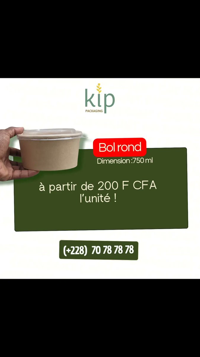 KipPackaging's tweet photo. « Kip Packaging » désormais chez vous !

Modèle : Bol rond
Dimension : 750 ml
Prix unité : 200 F CFA

📱+228 70 78 78 78
#KipPackaging #PackagingBiodégradable #Team228 https://t.co/m8EcyOOBsQ