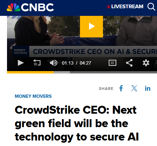 Cyburgerim's tweet photo. CrowdStrike CEO:
“The change that is taking place with AI, it's equivalent to what we've seen in other areas. We first secured networks... then we moved to the cloud... and now really the next greenfield area will be all of the technologies and companies created to secure AI” 👇