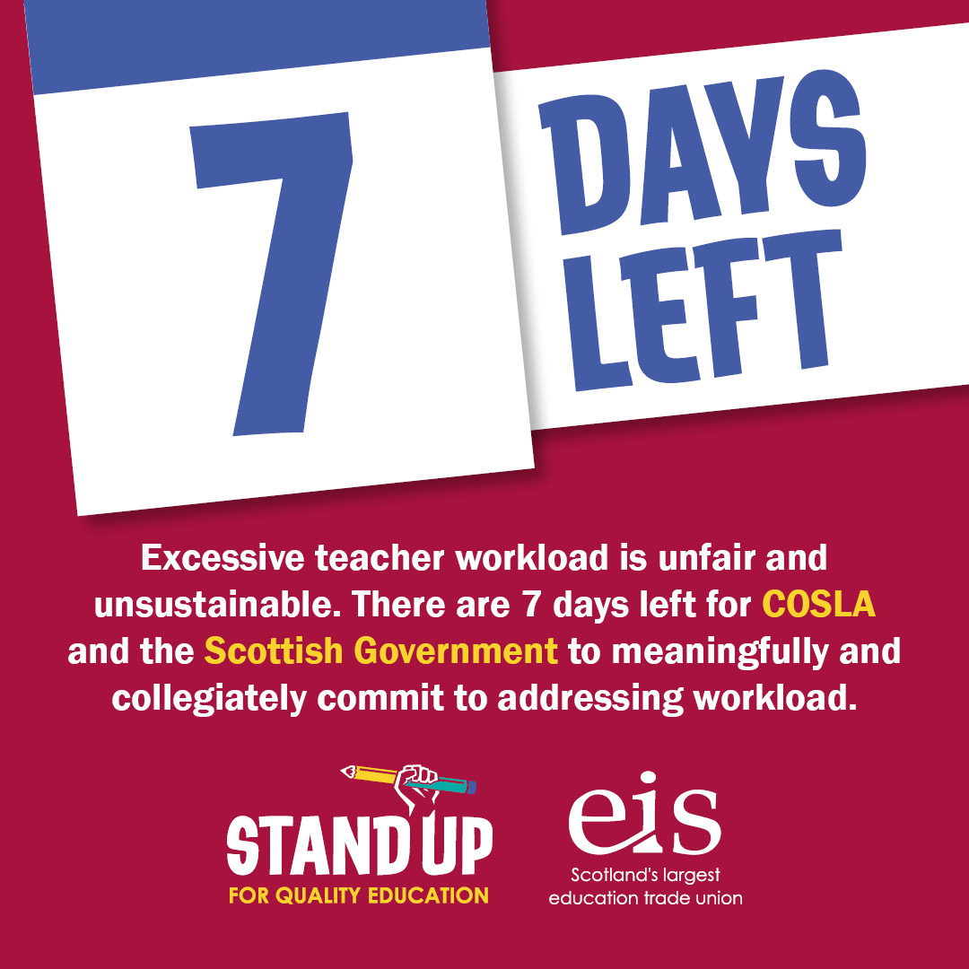 Excessive teacher workload is unfair, unhealthy and unsustainable. Unsustainable workload is causing many teachers to consider leaving the profession.

There are 7 days left for COSLA and the Scottish Government to commit to meaningfully and collegiately addressing workload.