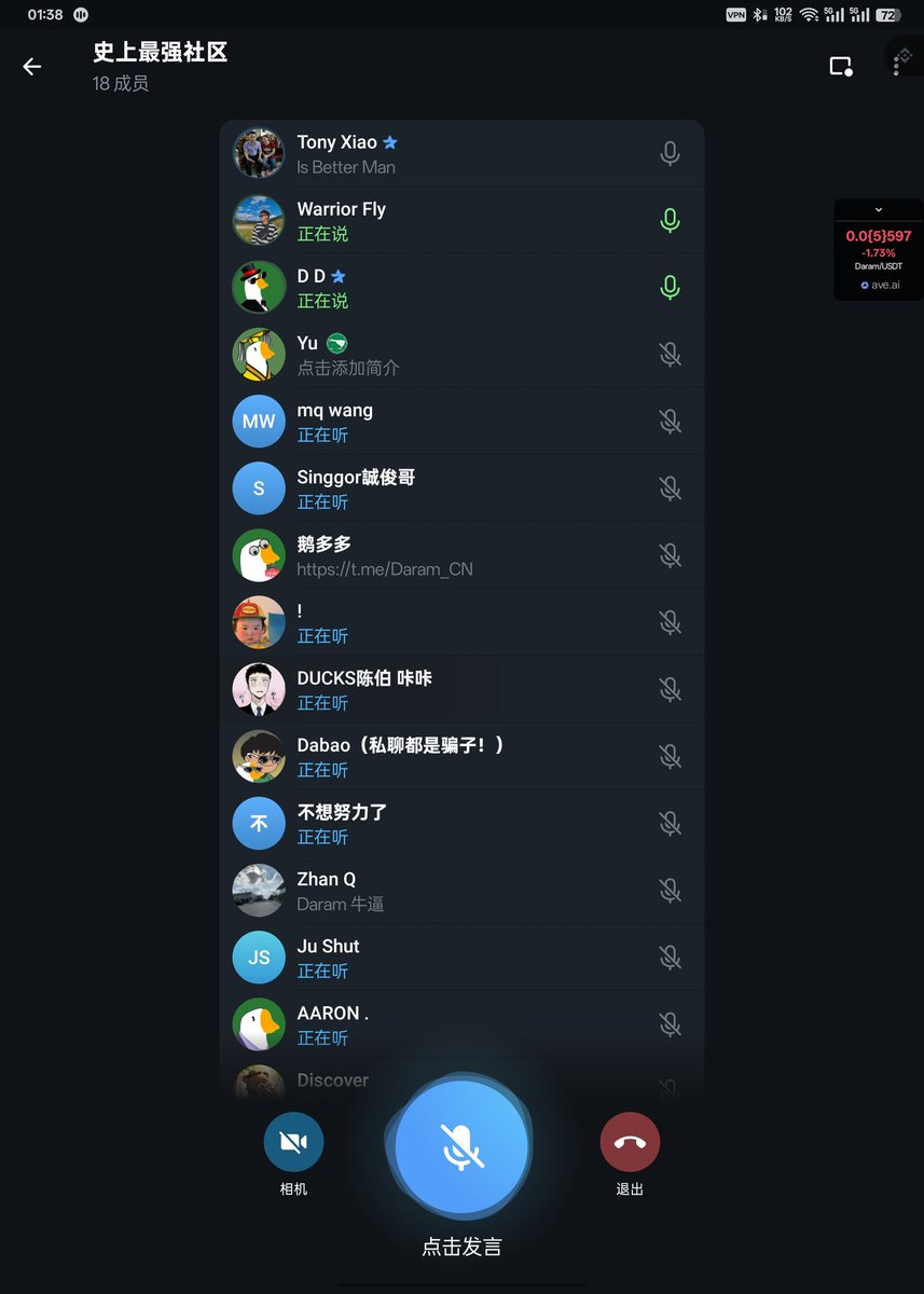 今天是2025年1月22日，我建设大鹅 #Daram 的89天。
今天大鹅 $Daram 的价格是 0.00000773u。
#Daram 是 #decharity 这个领域的领跑者，贡献者，守护者！
—————————————————
我知道大家很急，但是先别急。市值才100多万，社区夜聊依然有这么多人！
矿石不磨不成玉！
待到春暖花开日！