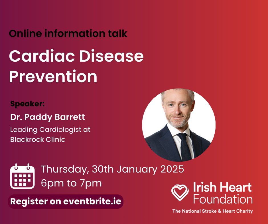 Irish Heart Foundation (@irishheart_ie) on Twitter photo Join us for a talk with Dr <a href="/Paddy_Barrett/">Dr Paddy Barrett</a> on cardiac disease prevention.
Register here: eventbrite.ie/e/cardiac-dise…
This talk is perfect for anyone who has had a cardiac event, those looking to learn more about preventing heart disease and health professionals. Join us for a talk with Dr <a href="/Paddy_Barrett/">Dr Paddy Barrett</a> on cardiac disease prevention.
Register here: eventbrite.ie/e/cardiac-dise…
This talk is perfect for anyone who has had a cardiac event, those looking to learn more about preventing heart disease and health professionals.