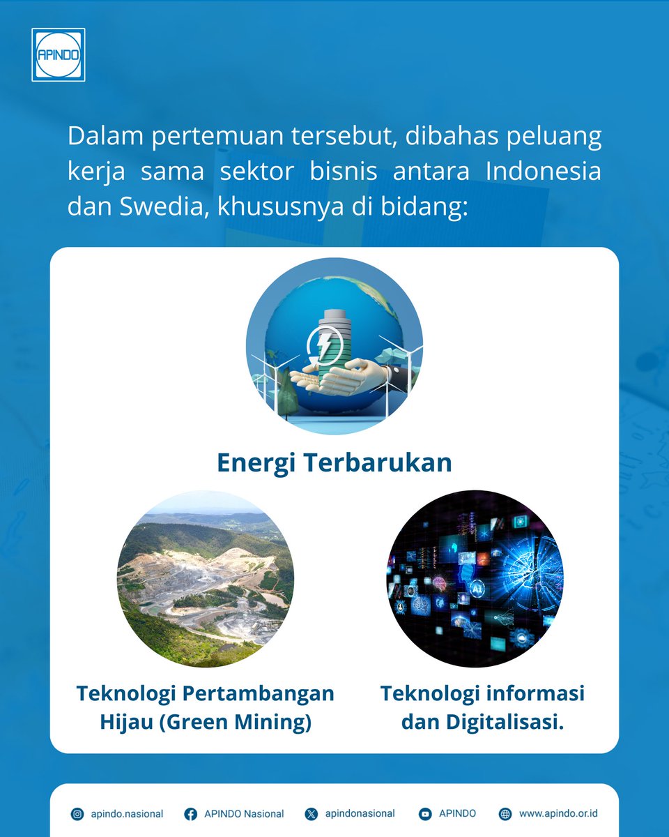 apindonasional's tweet image. Halo, Mitra APINDO!

APINDO menerima audiensi delegasi Parlemen Swedia, membahas kerja sama energi terbarukan, green mining, dan digitalisasi. Sektor mana yang menurutmu paling potensial? Tulis di komentar!

#audiensi #greenenergy #digitalisasi #Swedia #Bisnis #Ekonomi #APINDO