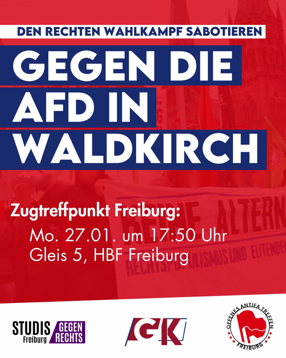 antifafreiburg's tweet image. AfD-Wahlkampf sabotieren 📢
Kommt mit uns am 27. Januar nach Waldkirch und zeigt, dass wir die menschenverachtende Hetze der AfD nicht dulden. Gemeinsam gegen Rassismus, Militarisierung und Sozialabbau – für Solidarität und soziale Gerechtigkeit! ✊