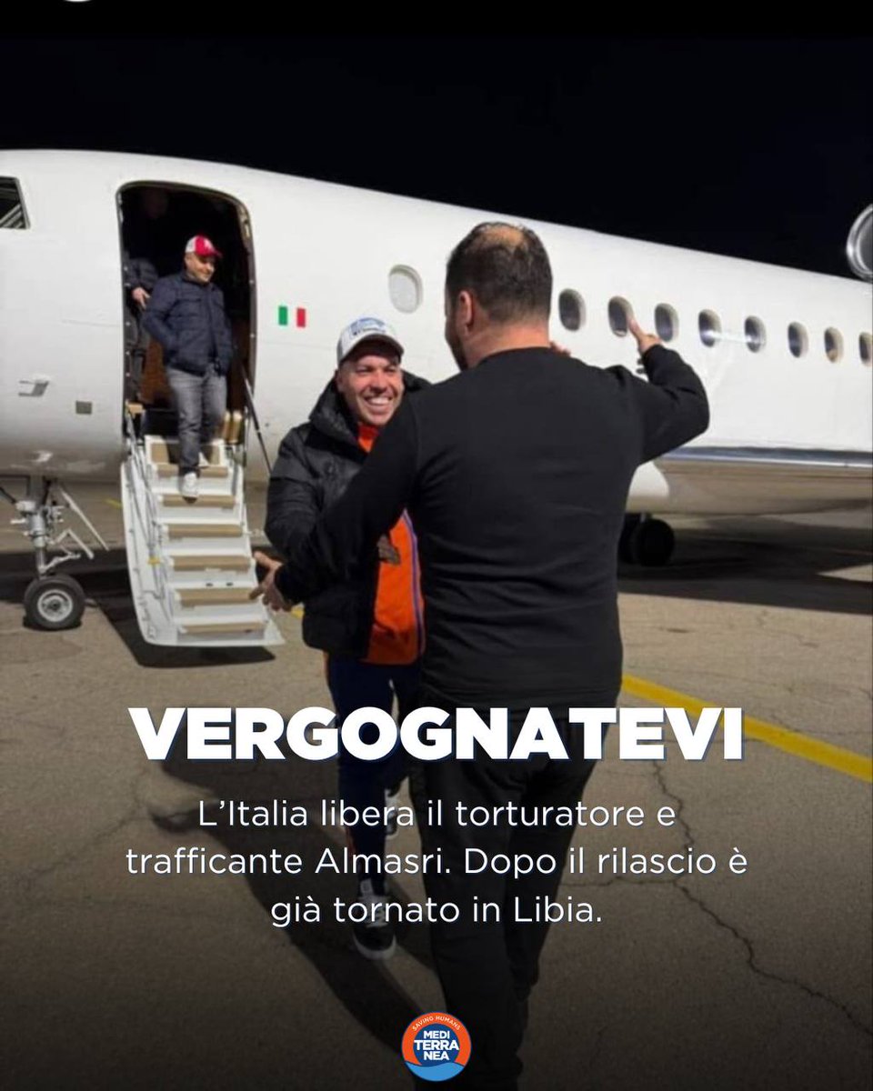 Mediterranea Saving Humans (@rescuemed) on Twitter photo La vergognosa protezione del governo italiano del noto trafficante e torturatore di #Mitiga, #Almasri rilasciato ieri e giร riaccompagnato in #Libia.
Leggi il comunicato di <a href="/RefugeesinLibya/">Refugees In Libya</a> e Mediterranea ๐๐พ
mediterranearescue.org/it/news/rilascโฆ La vergognosa protezione del governo italiano del noto trafficante e torturatore di #Mitiga, #Almasri rilasciato ieri e giร riaccompagnato in #Libia.
Leggi il comunicato di <a href="/RefugeesinLibya/">Refugees In Libya</a> e Mediterranea ๐๐พ
mediterranearescue.org/it/news/rilascโฆ